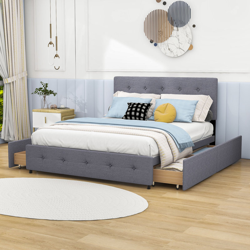 Lit plateforme tapissier en lin avec tête de lit et tiroirs, Gris foncé