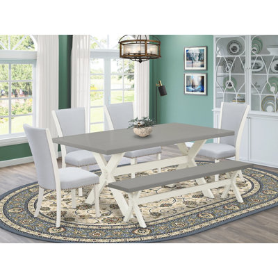 Ensemble de table de salle à manger 6 pièces comprenant une table de cuisine rectangulaire avec pieds en X et 4 chaises Parson en tissu de lin gris avec banc, lin brossé blanc 