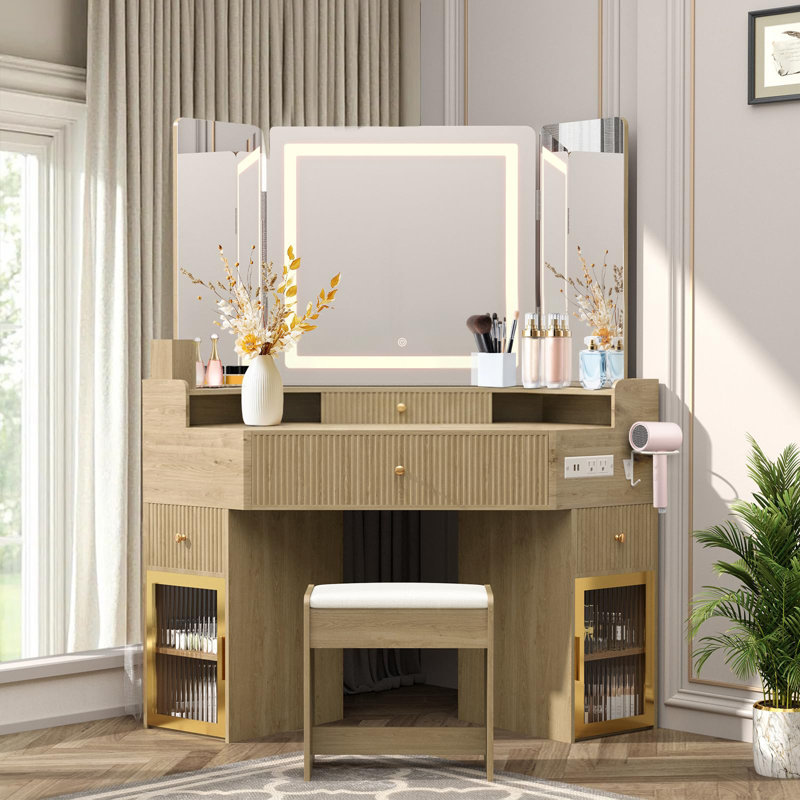 Fluted Makeup Vanity Desk With Hd Triple Mirror And Lights, Large Corner Vanity Glass Top Vanity With 3 Drawers & 2 Glass Cabinets, Charging Station & Hair Dryer Holder, Vanity Set With Stool