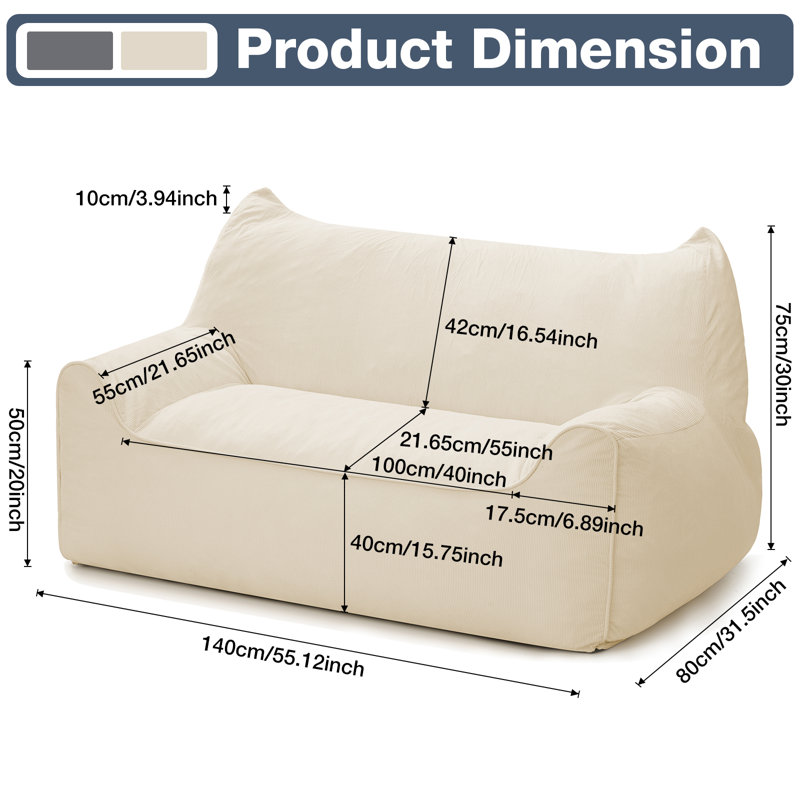 2 Seater Oversized Bean Bag Chair For Adults, With Filler Giant Living Room Bean Bag Chair With Pocket, Big Lazy Sofa Accent Chair For Gaming, Reading