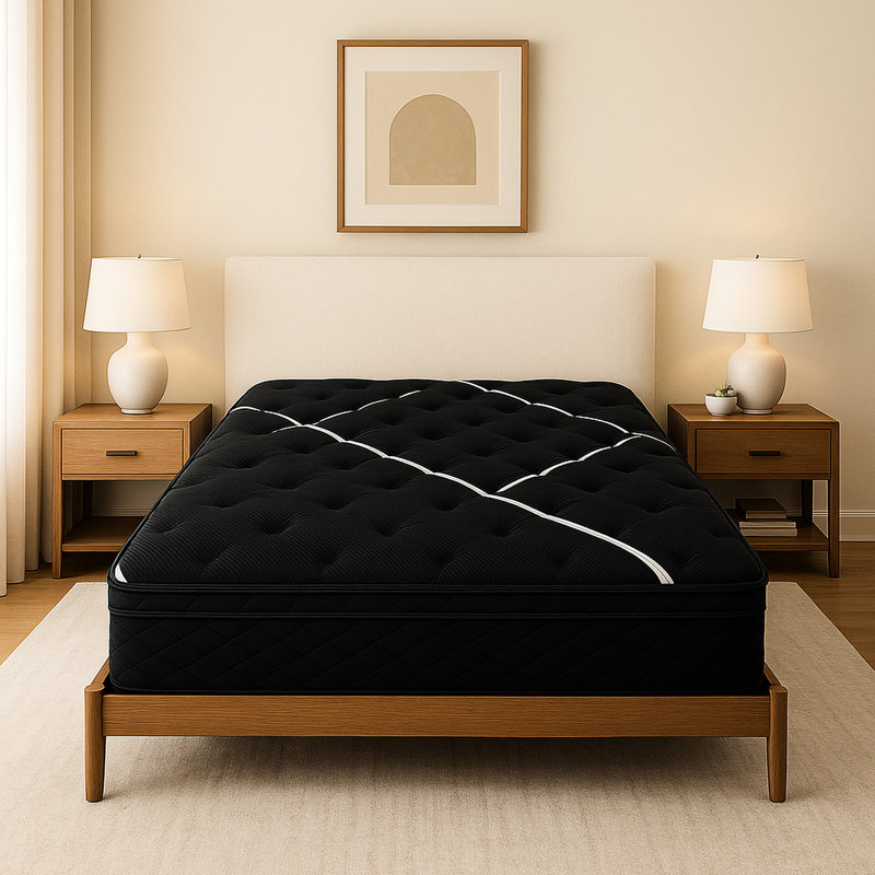 Matelas double noir et blanc, refroidissement, mousse à changement de phase, unité de ressorts à mouvement réduit, mémoire de sommeil confortable, technologie intermédiaire