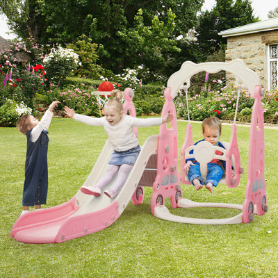 4 In 1 Slide Climber Swing Set, Freestanding Toddler Slide Climber Playset With Basketball Hoop, Toddler Playground Indoor Outdoor