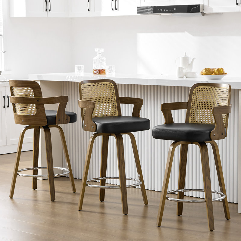 Upholstered Cane Back Counter & Bar Stool With Armrest, Black, Counter Stool (26" Seat Height)