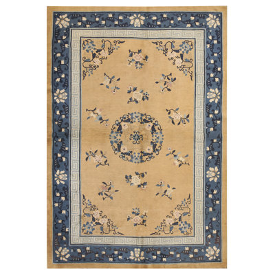 Antique Chinese Classic Floral Medallion Peking Wool Pile Yellow Rug