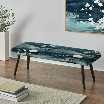 White And Blue Calm Costal Reflections - Floral Upholstered Black Bench