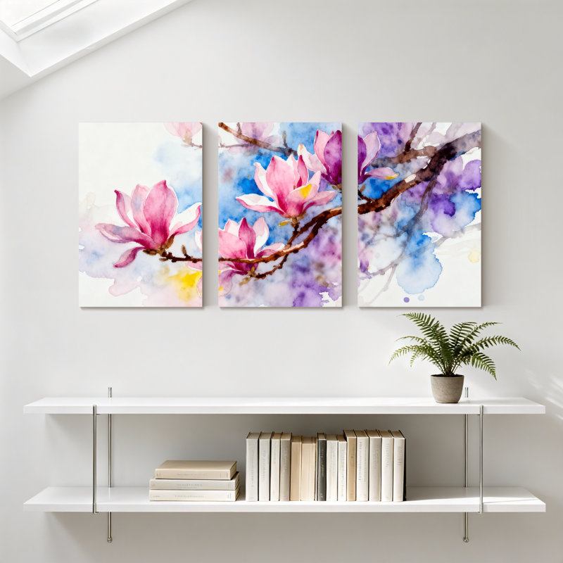 «Magnolia Watercolor Magnolia Blossoms On Branches», ensemble de 3 impressions sur toile, H 24 po x l 48 po