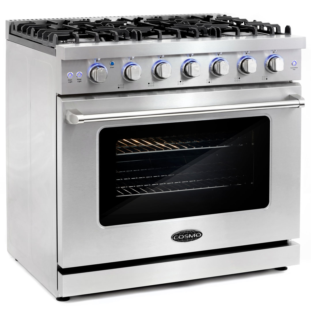 Cosmo 36 in. Haven Collection 6.0 cu. ft. Gas Range, 6 Burners, Convection Oven, Knob LEDs, Storage Drawer, Stainless Steel Cosmo