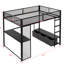 Lit mezzanine en métal pleine grandeur avec DEL, bureau, garde-robe ouverte et 3 tiroirs de rangement - garde-corps en maille pour lin noir