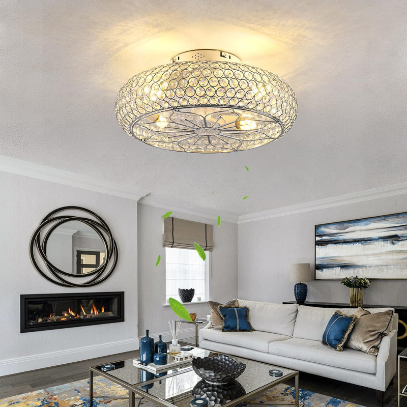 20" Crystal Ceiling Fan with Lights - Enclosed Bladeless Design, Reversible DC Motor & Remote, 6-Speed Quiet, Flush Mount Low Profile Electroplated Mirror Finish, for Bedroom/Living Room