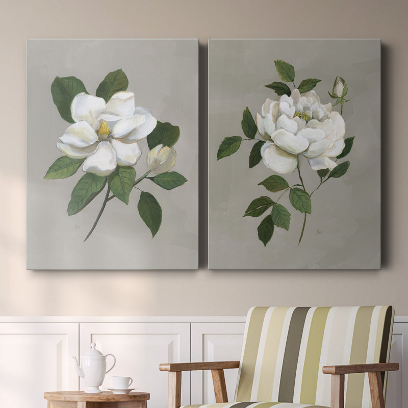 " Botanical Magnolia " 2 - Pieces, 12" H x 8" W x 1" D, Wrapped Canvas, No Mat