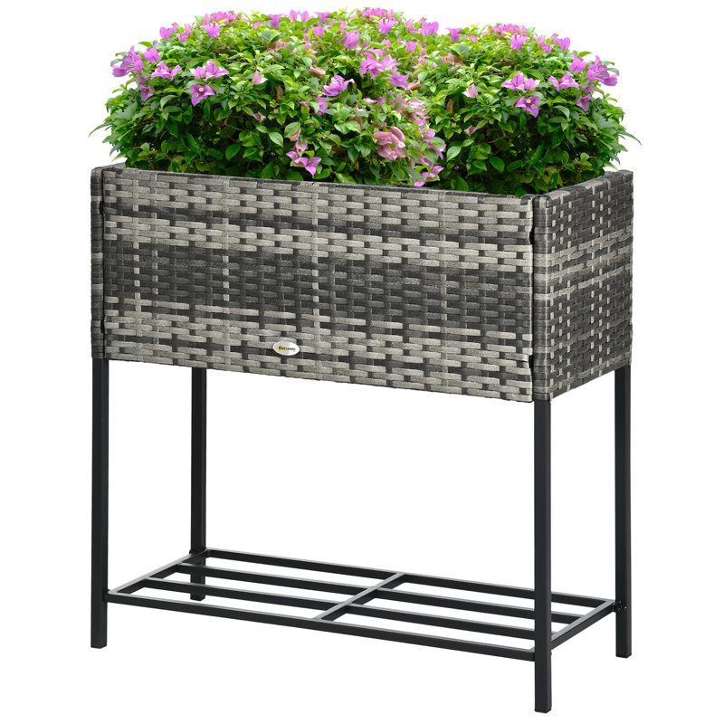 Outsunny Raised Garden Bed, Elevated Planter Box With Rattan Wicker Look, Tool Storage Shelf, Portable Design For Herbs, Vegetables, Flowers