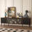 78.74" Solid Wood TV Stand for TVs up to 85", Mid-Century Modern Sliding Door Media Console with Arched Glass Doors, Black & Walnut Finish