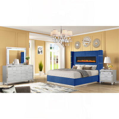Ensemble de chambre à coucher de style moderne avec revêtement en bois 4 pièces (comprend: lit très grand, table de chevet, commode et miroir)