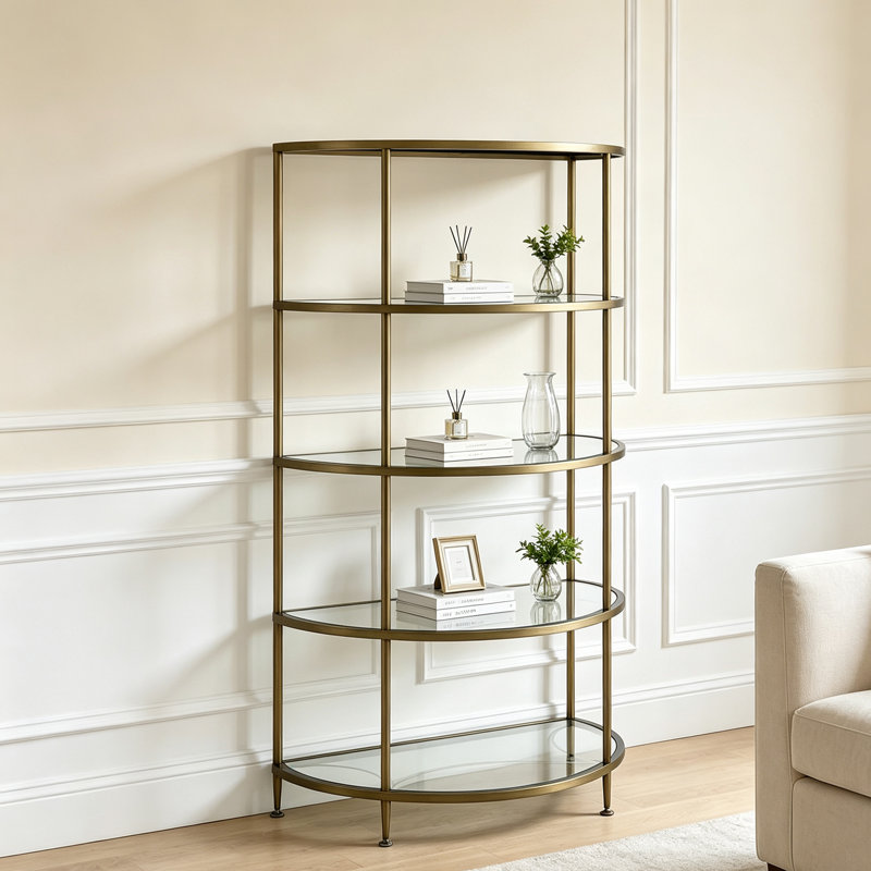Étagère d'exposition incurvée Aditya de 91 cm (36 po) – Structure en métal bronze antique et 4 étagères en verre – Présentoir ouvert pour livres et objets de décoration dans le salon ou l'entrée