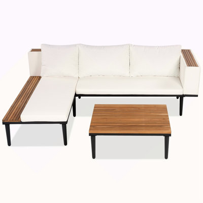Luxury Patio Furniture Set With Removable Cushions And Coffee Table, L-Shaped Acacia Wood Sofa With Side Table, Outdoor Conversation Sectional Sofa For Backyard, Porch