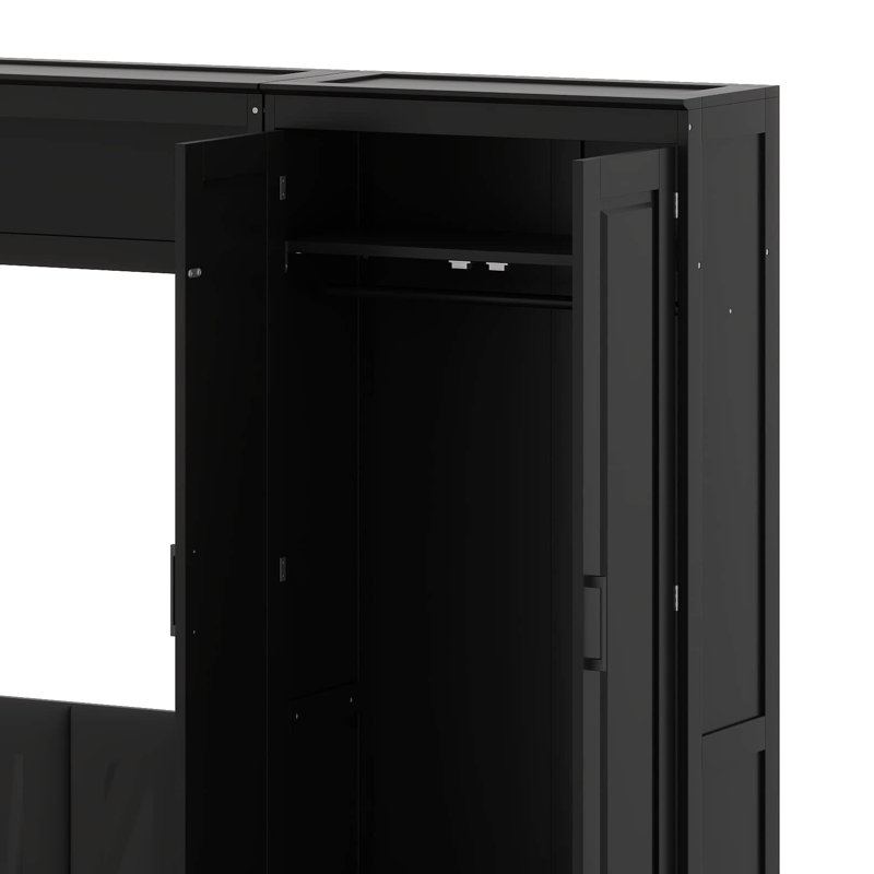 Lit escamotable Farmhouse multifonctionnel avec garde-robe et tiroirs, lit plateforme pliable grand format, Noir