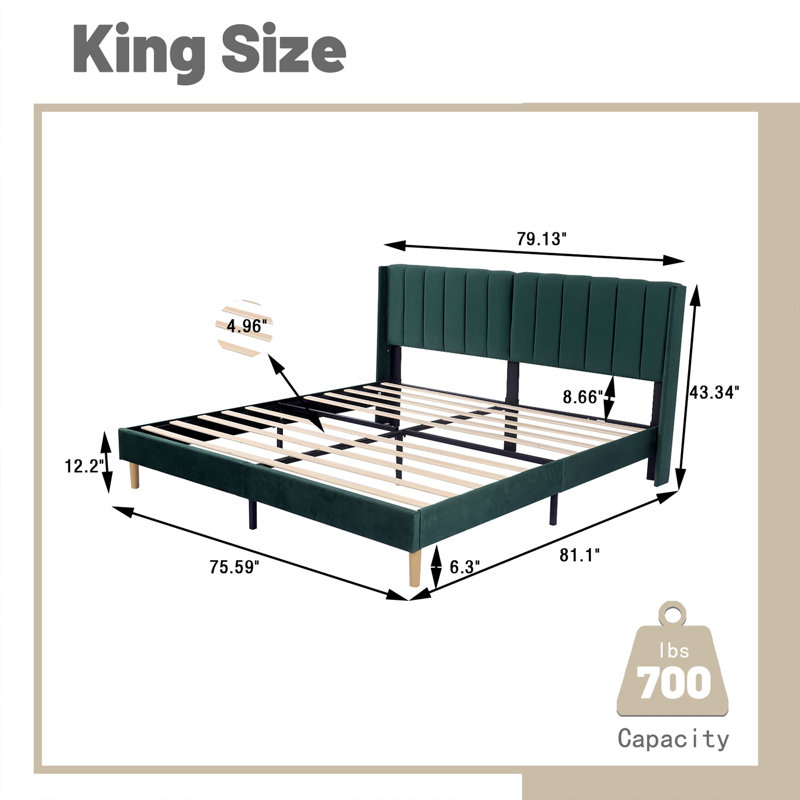 King Green Velvet Upholstered Platform Bed with Wingback Headboard