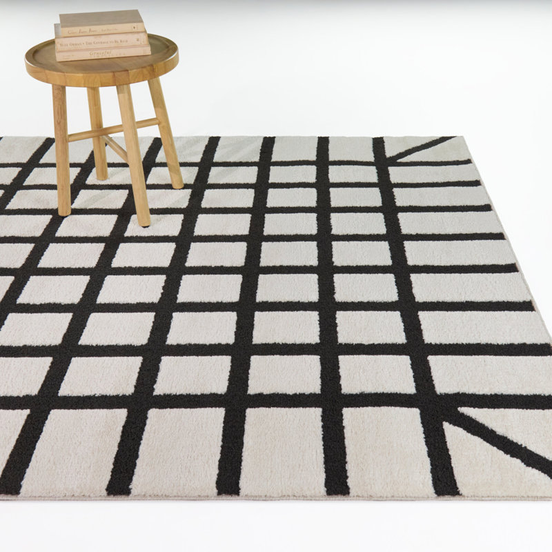 Rembold Cream/Black Geometric Modern Area Rug, 7'10" x 10'