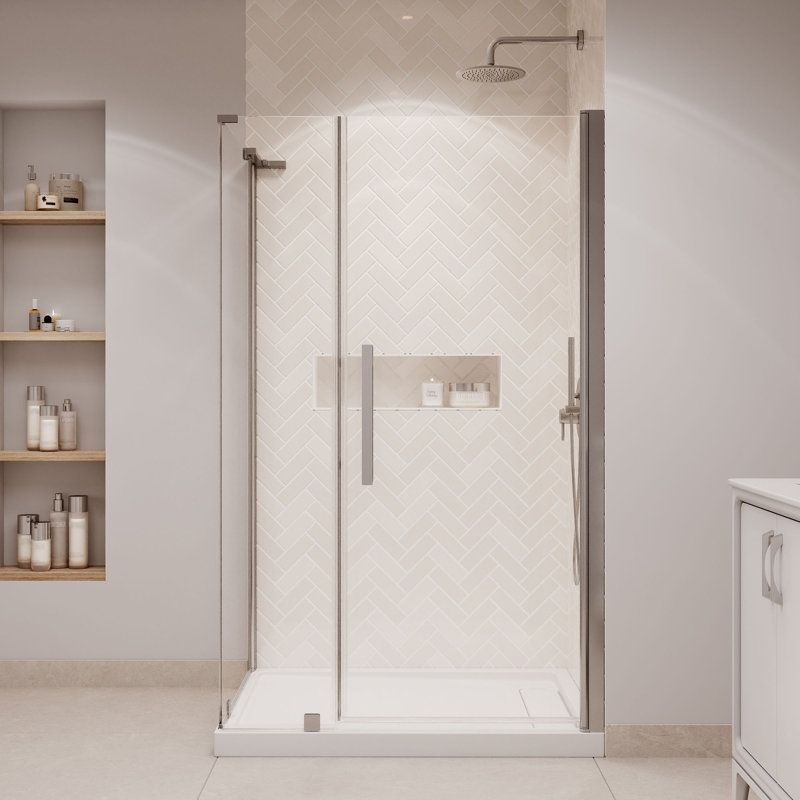 OVE Decors Pasadena Corner Frameless Pivot Shower Door Kit With Base Pan, 2025, Brushed Gold, 74.8"H x 48"W x 36"D