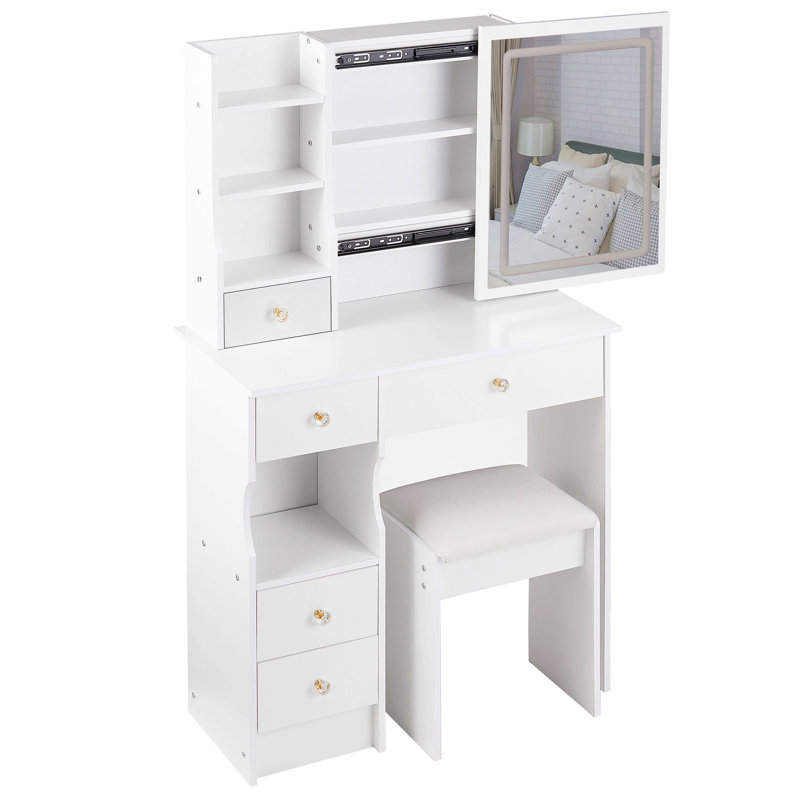 Petit meuble-lavabo de 29,2 po avec tabouret de bureau et tabouret rembourré à gauche 29,2 po, grande commande tactile, interrupteur tricolore, miroir à luminosité réglable, rangement à grande capacité, convient aux petits espaces