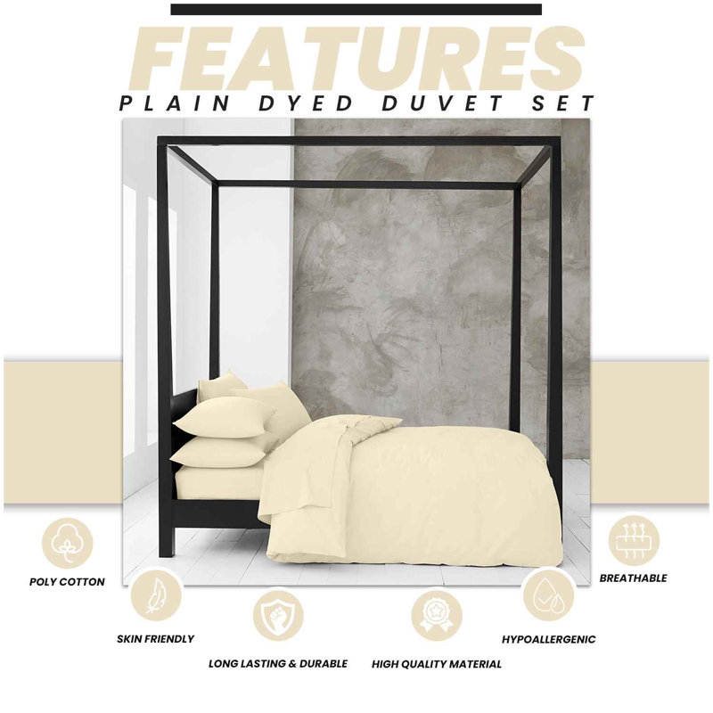 Cotton Blend Plain Dyed Duvet Cover Set with Pillowcases | Premium Polycotton Bedding for Comfort & Style, Cream
