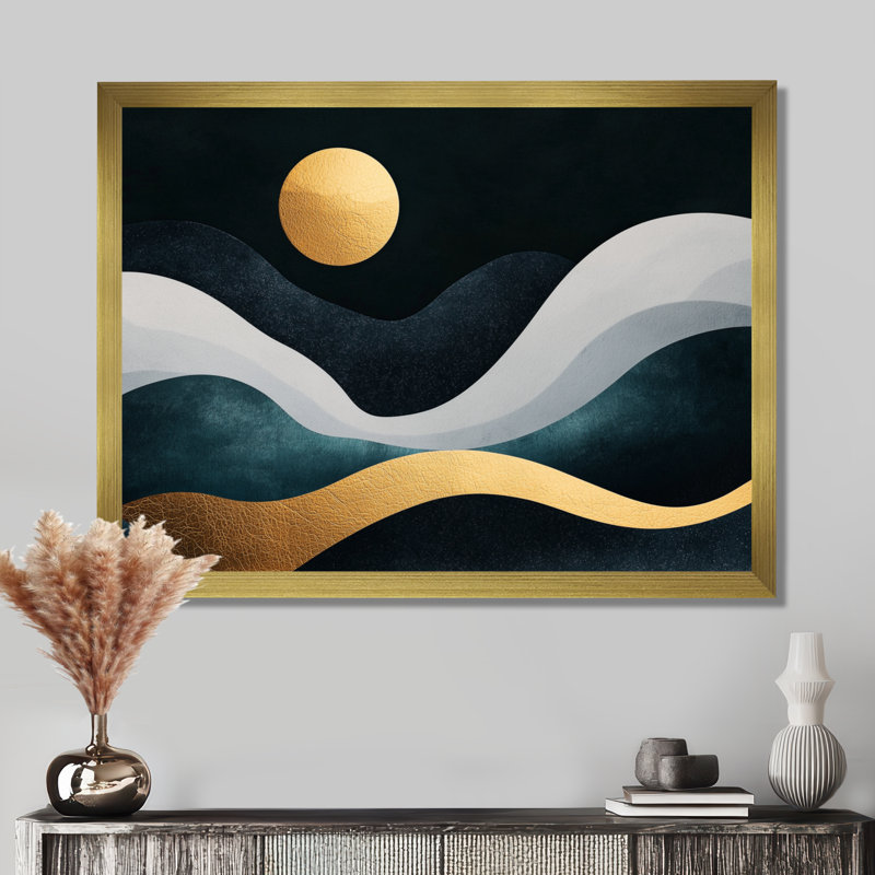 «Soft Marble Coastal Balance V», art mural abstrait en marbre, H 34 po x l 44 po, Floater Framed, Doré