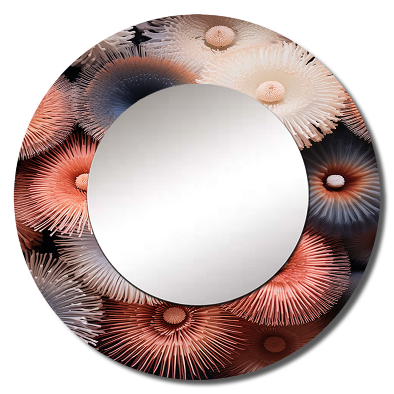 Sous-marin magique bord de mer rose corail - miroir unique coraux, grand miroir mural rond rose, impression d'art en métal
