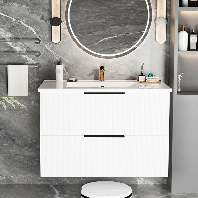 Meuble-lavabo mural moderne flottant de 36 pouces avec lavabo en céramique blanc et deux tiroirs, premier tiroir en forme de U, espace de rangement organisé, panneau multicouche pour plus de durabilité, installation simple