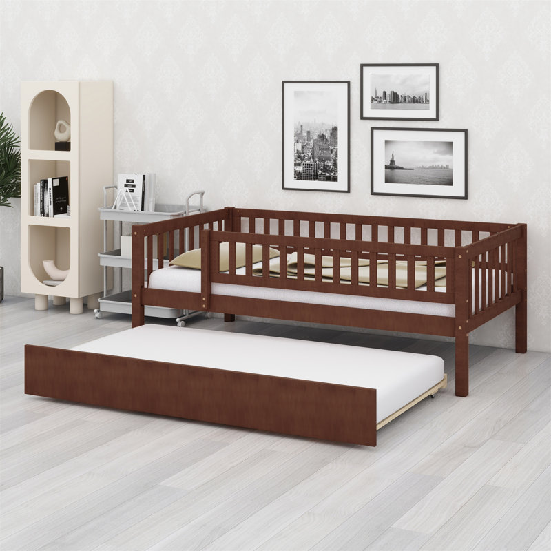Daybed With Trundle And Fence Guardrails, Walnut, Twin