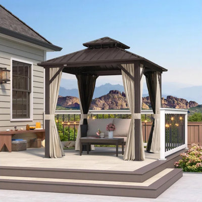 Aluminum  Outdoor Hardtop Gazebo Double Roof For Patio Desk Backyard Brown