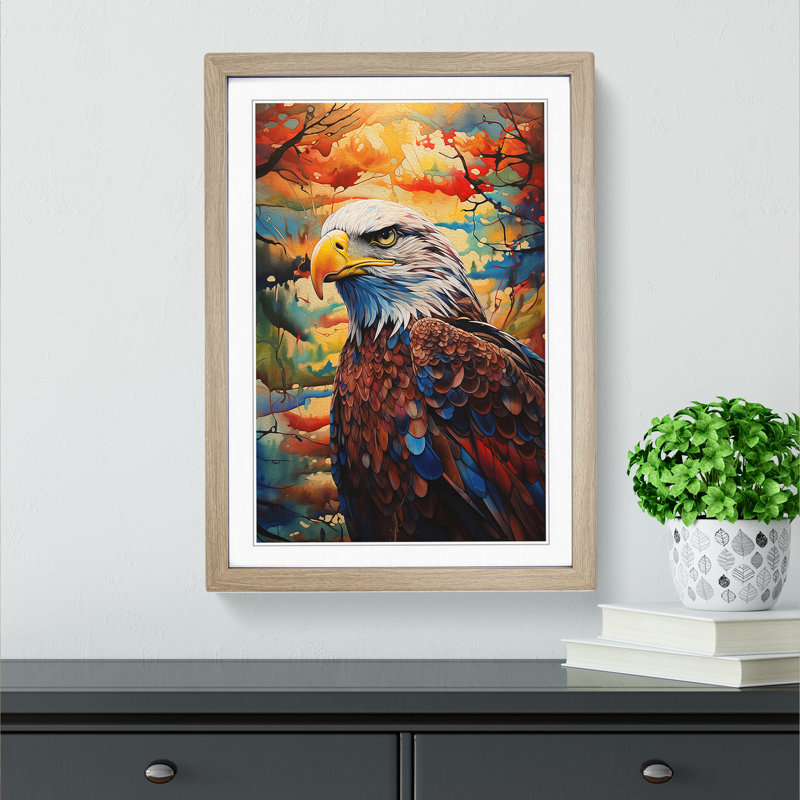 Eagle Expressionism - Single Picture Frame Print on Wood, 46cm H x 34cm W, Oak Framed