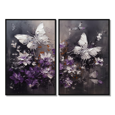 Purple And White Butterfly Wings And Flowers - Large Floral Canvas Wall Art