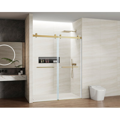 56-60 In. X 76 In Double Sliding Shower Door, 5/16 In Clear Tempered Glass Easy-Clean Coating Brushed Gold