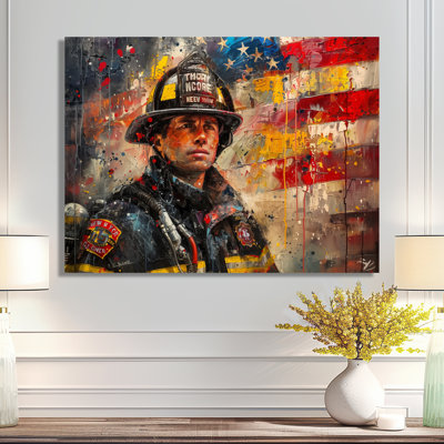 «Patriot Firefighter Hero I - Fireman Wall Art Living Room»