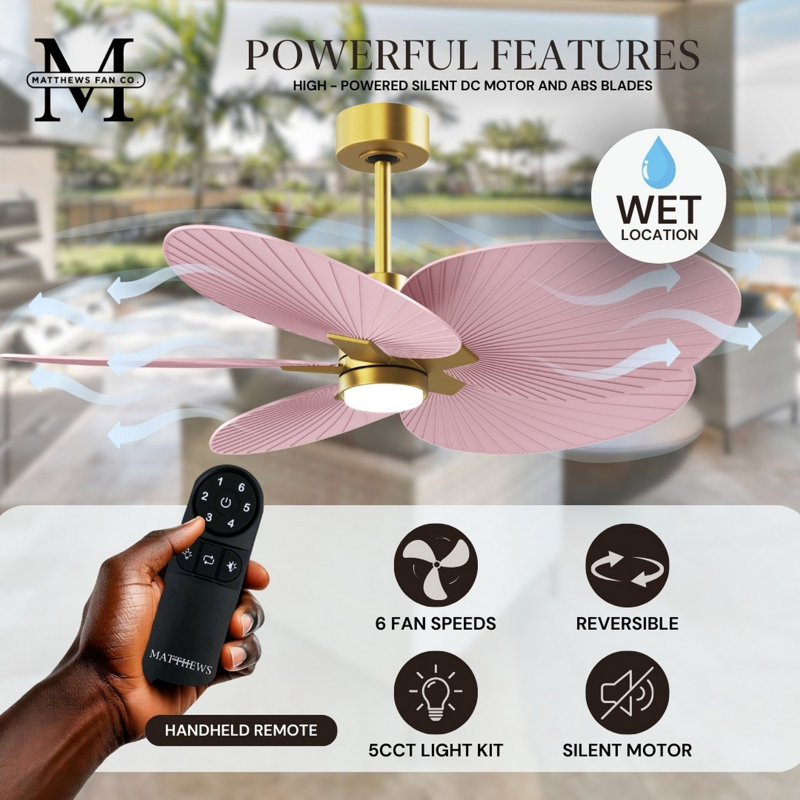 Alessandra Tropical - Five Blade Ceiling Fan - Matte White Finish - Matte White Blades, Light Pink, Brushed Brass