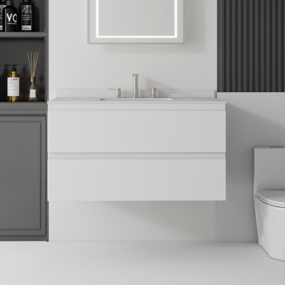36" Floating Bathroom Vanity with Sink Combo, Plywood Cabinet, Ceramic Sink, Cultured Marble Countertop & Backsplash, 2 Soft Close Drawers, White