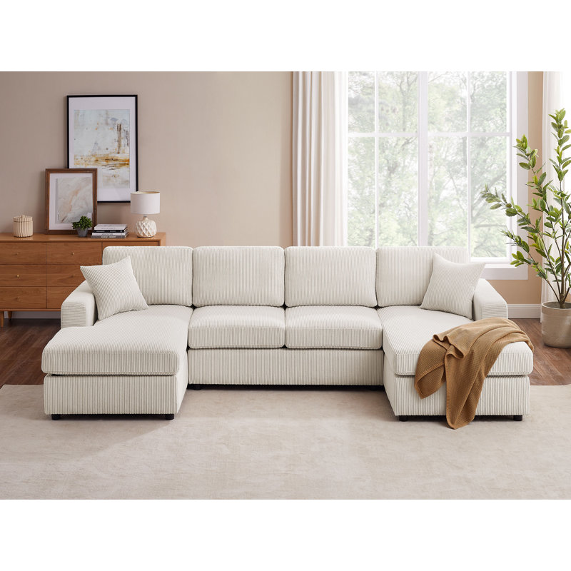 Kujtesa 118.11" W 3-Piece Corduroy U-Shaped Sectional, Beige Corduroy