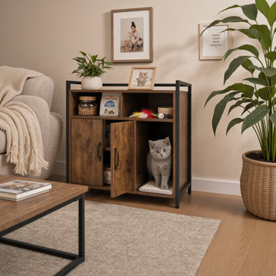 Rustic Brown Wooden Cat Litter Box Enclosure 31.9 Inch with Scratching Mat, Spacious Hidden Litter Box Furniture for Bedroom Bathroom Living Room, 61 lbs Sturdy Indoor Cat Cabinet