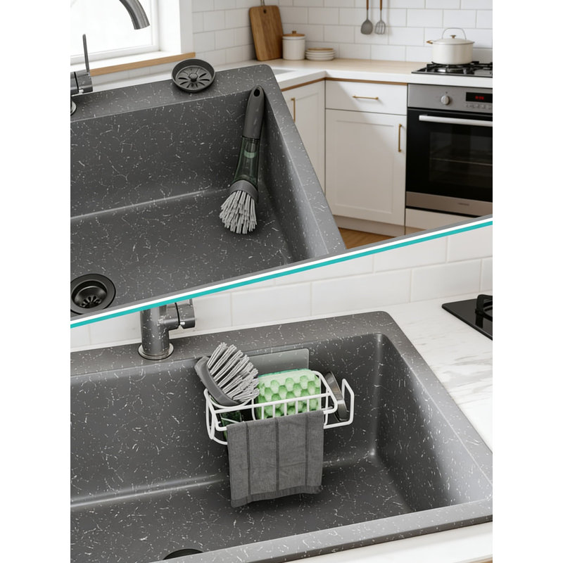 Support antirouille pour évier de cuisine avec organisateur de brosse et de serviettes, installation sans perceuse, conception imperméable pour un drainage efficace