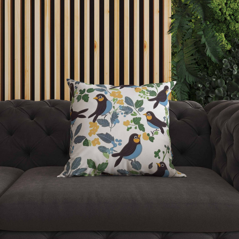 Coussin intérieur / extérieur Sweet Tweets, Bleu / blanc / vert / jaune, Carré 16 po