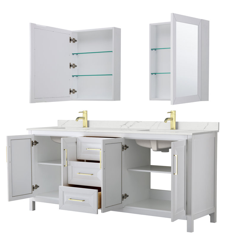 Daria 80 in. with Mirror Vanity, White Quartz, White, Brushed Gold