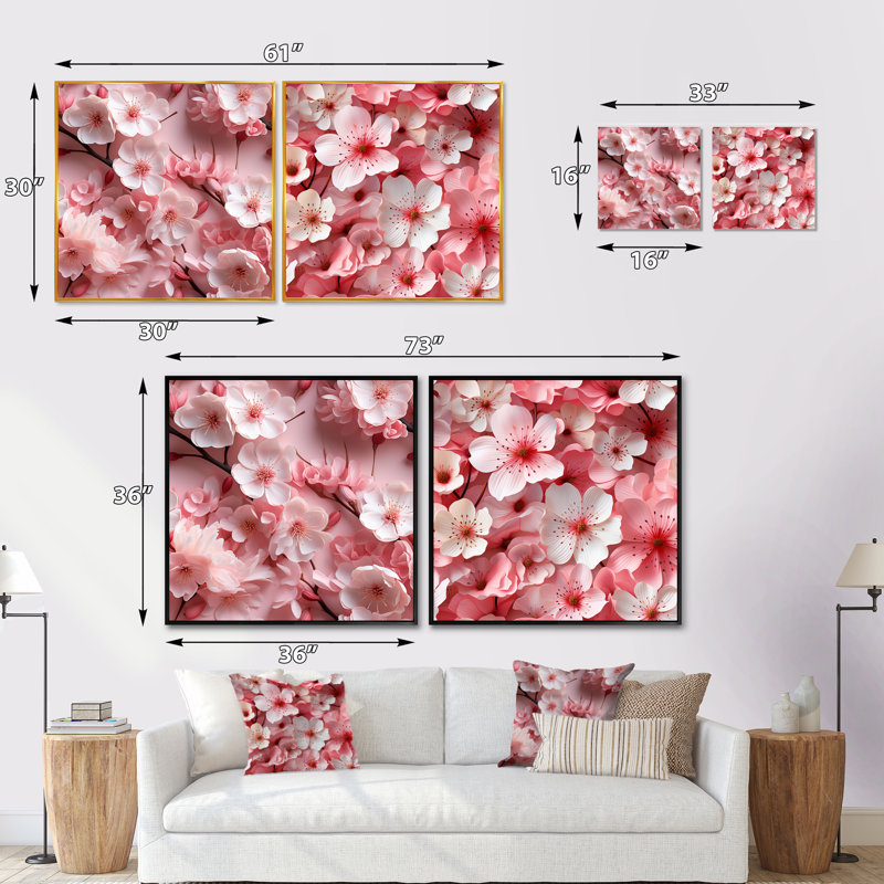 Rose Sakura Blossoms Floral IV - ensemble de 2 collages floraux carrés, Cadre flottant doré, H 30 po x l 61 po