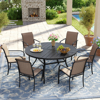 7-Pieces Round Patio Dining Set With Stackable PVC-coated polyester Chairs