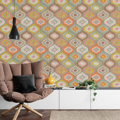 Retro Mid Century Ogee Wallpaper Colorful 70s Geometric Wave Wall Art for Home Decor
