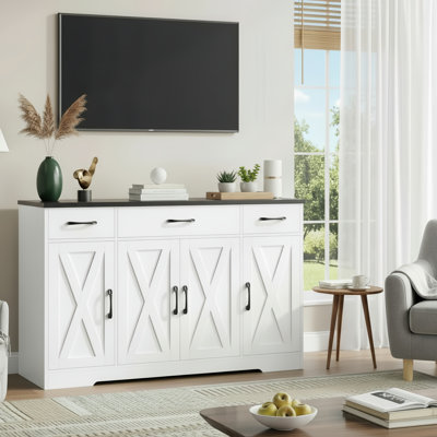 55.13-Inch Modern Farmhouse-Style Sideboard With Drawers, Shelves, And Cabinet Doors, White And Black, Suitable For Kitchen, Dining Room, And Coffee Bar.