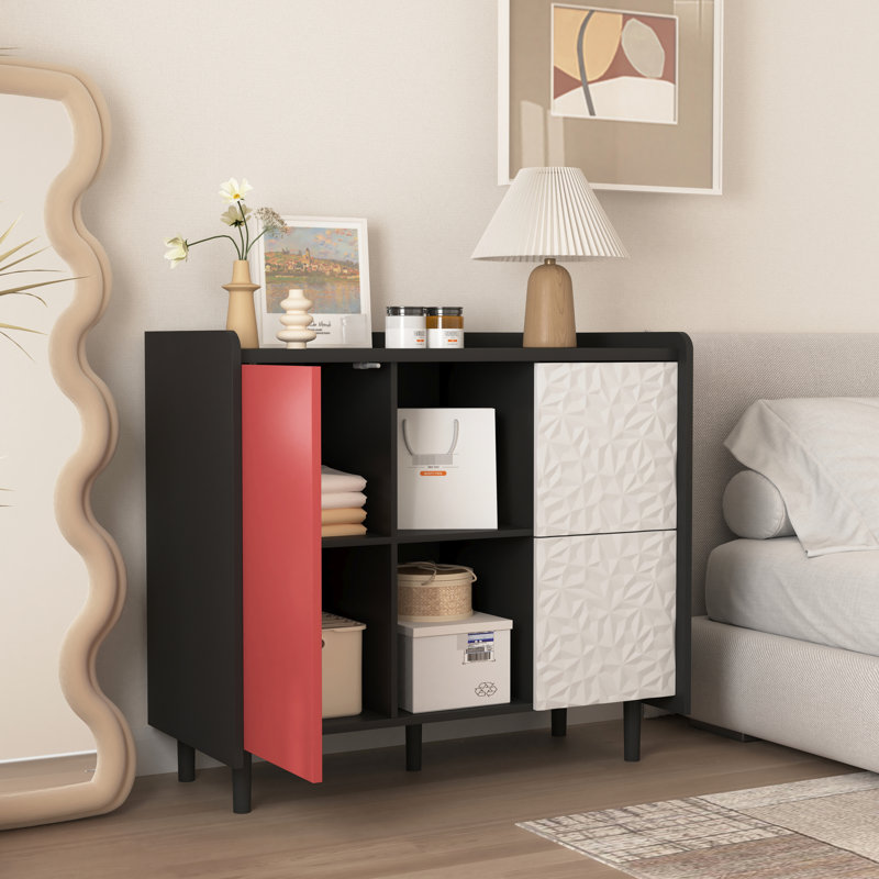 Buffet de rangement noir avec portes rouges et 2 tiroirs pour le vestibule moderne, Rouge / Noir