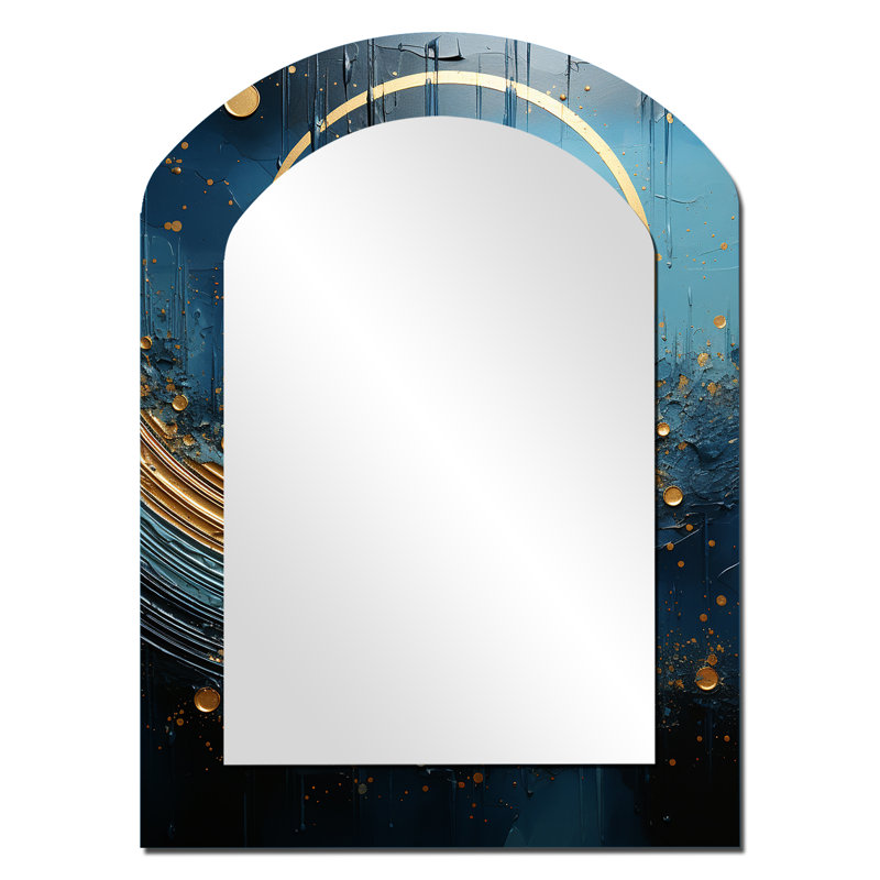 Moon Blue And Gold Cerulean Cycle Dreams - Moon Arch Mirror, Blue Asymmetrical Decorative Wall Mirror, Printed Metal Art
