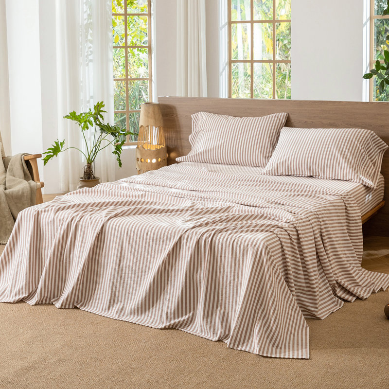 Moomee Striped Flat Sheet 100% Washed Cotton Linen Like Textured Breathable Lightweight, King Flat Sheet