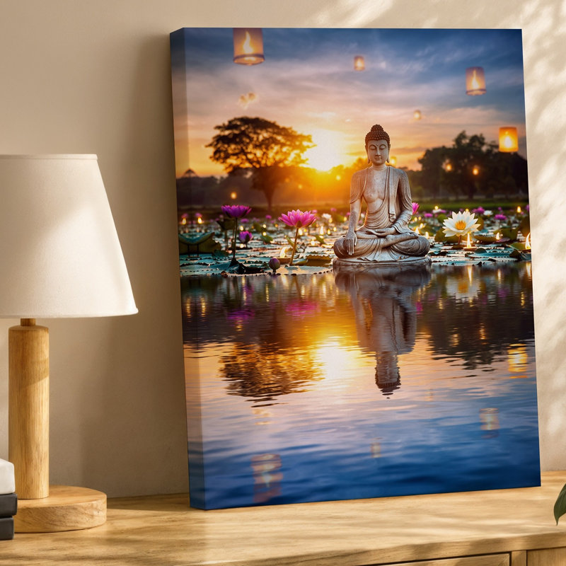 Toile, scène sereine représentant une statue de Bouddha tranquille assise dans un art mural, H 20 po x l 16 po