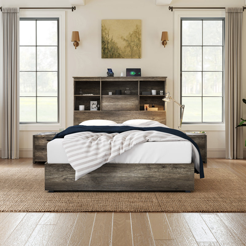Base de lit grand avec bibliothèque et rangement à DEL 51,2 po Bilal, 4 tiroirs de rangement, gris, Grand, gris